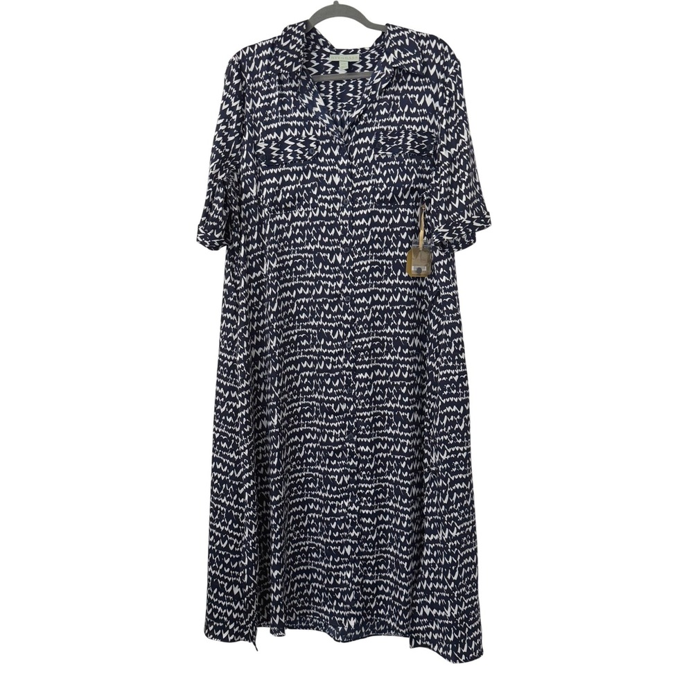 Ryegrass Midi Dress Women XXL Navy Blue White Geometric Button Front Pockets